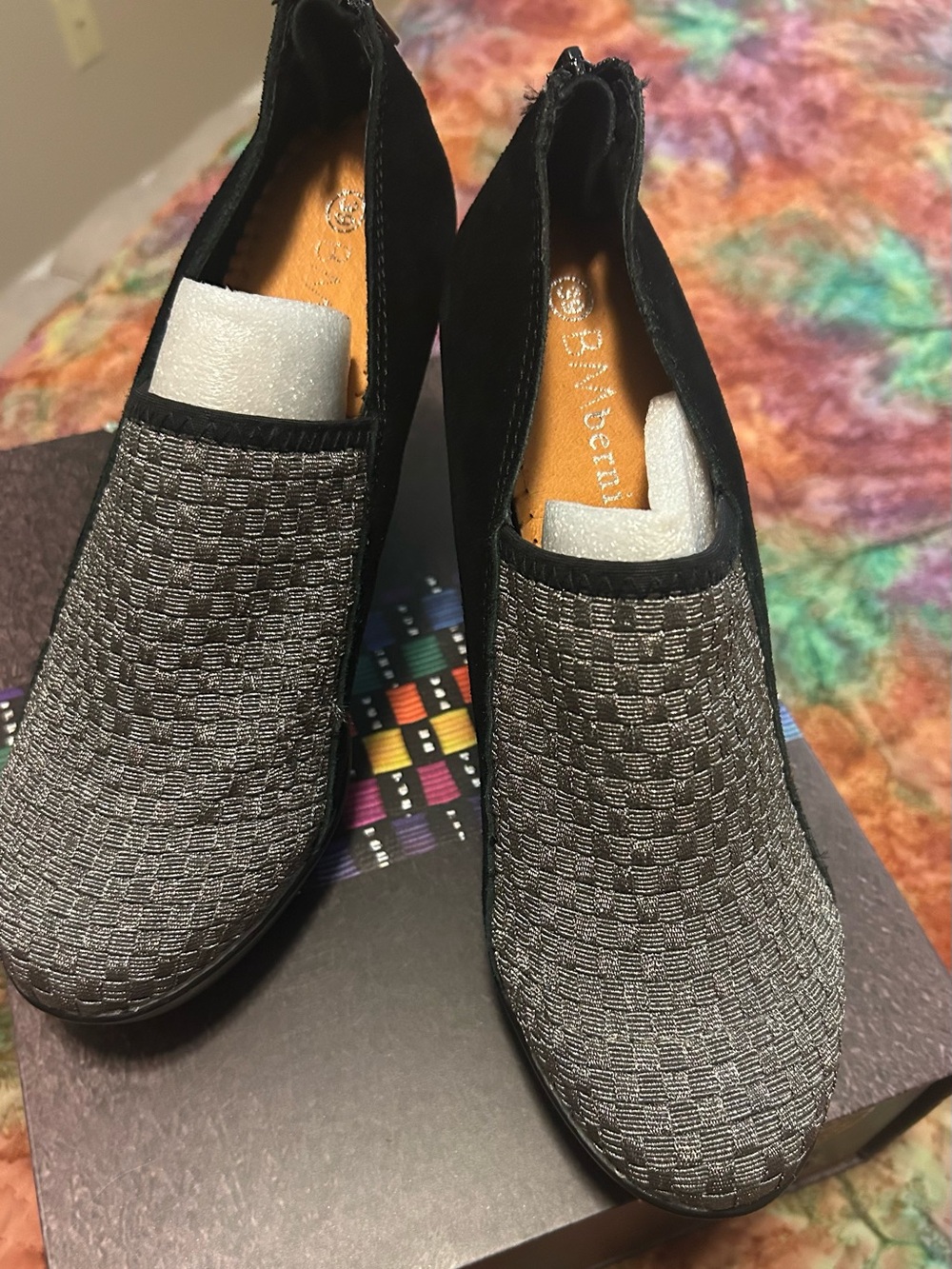 Bernie Mev Faith Gunmetal Woven Slip-On Heels with Black Trim